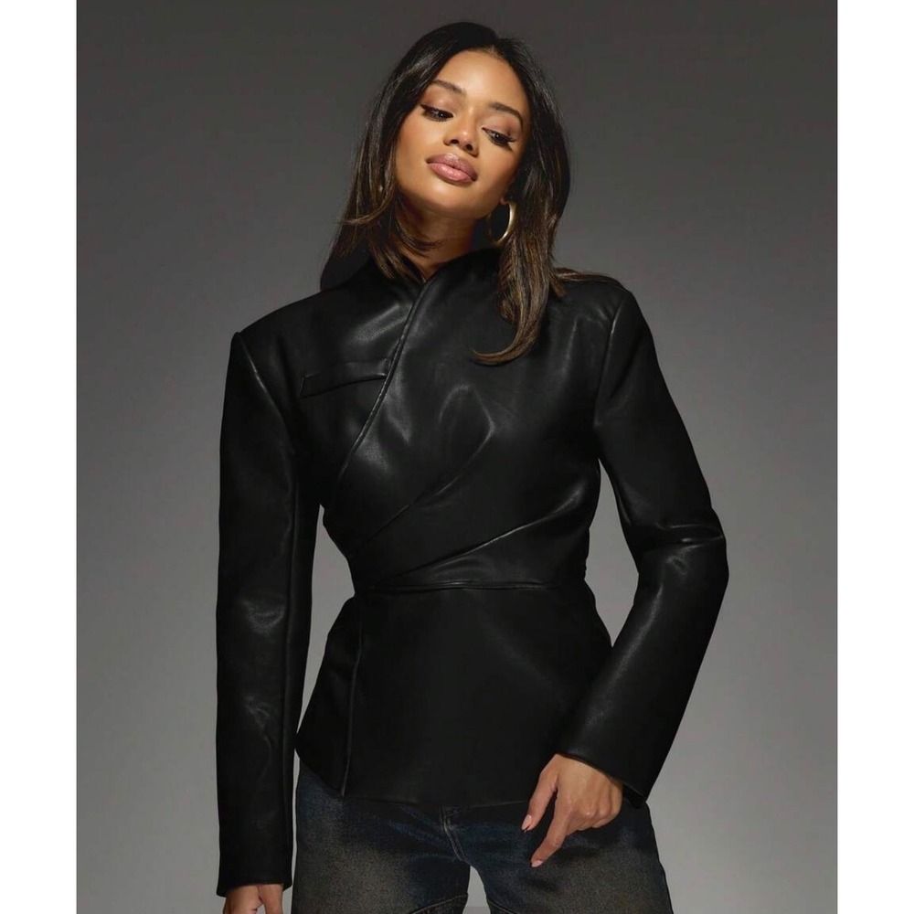 Missguided Womens Faux Leather Wrap Jacket Black Peplum Stand Collar medium